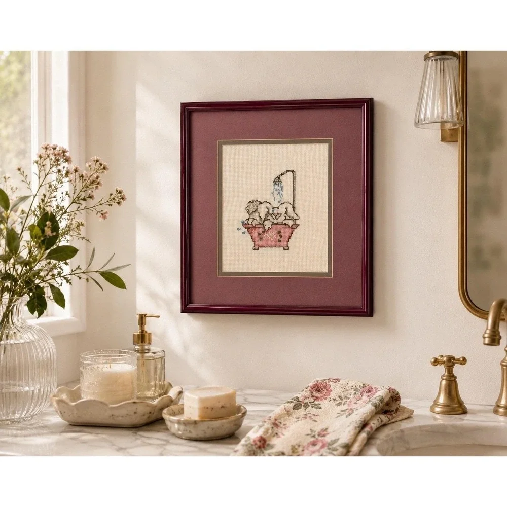 Vintage Framed Bunny Cross Stitch Cottagecore Nursery Wall Decor Burgundy Pink